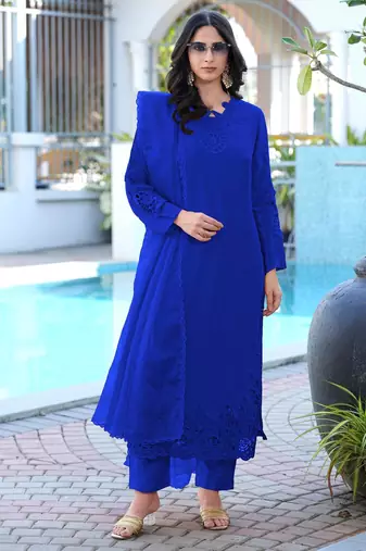Royal-blue embroidered art silk stitched straight cut kurta pants dupatta readymade suits