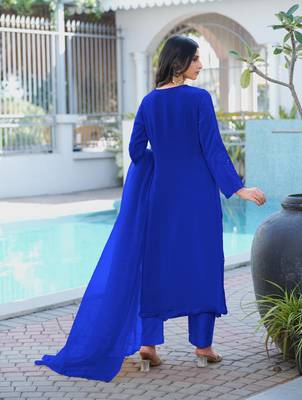Royal-blue embroidered art silk stitched straight cut kurta pants dupatta readymade suits 2