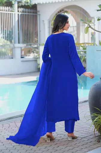 Royal-blue embroidered art silk stitched straight cut kurta pants dupatta readymade suits