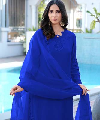 Royal-blue embroidered art silk stitched straight cut kurta pants dupatta readymade suits 3