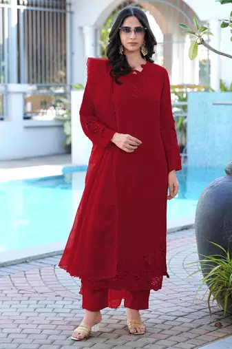 Maroon embroidered art silk stitched straight cut kurta pants dupatta readymade suits