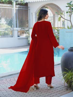 Maroon embroidered art silk stitched straight cut kurta pants dupatta readymade suits 2