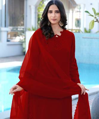 Maroon embroidered art silk stitched straight cut kurta pants dupatta readymade suits 3