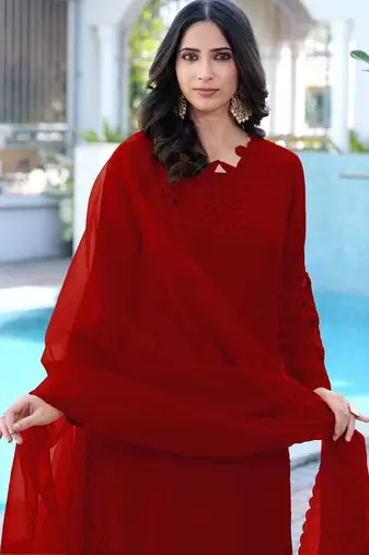 Maroon embroidered art silk stitched straight cut kurta pants dupatta readymade suits