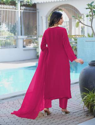 Magenta embroidered art silk stitched straight cut kurta pants dupatta readymade suits 2