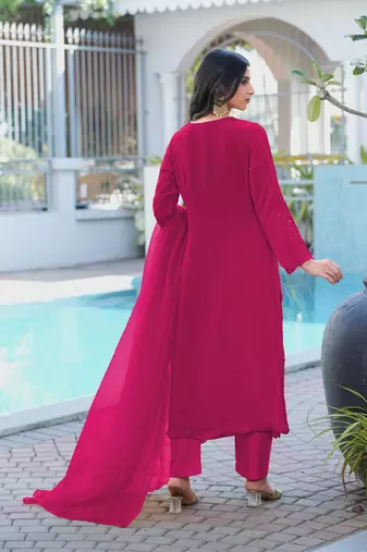 Magenta embroidered art silk stitched straight cut kurta pants dupatta readymade suits