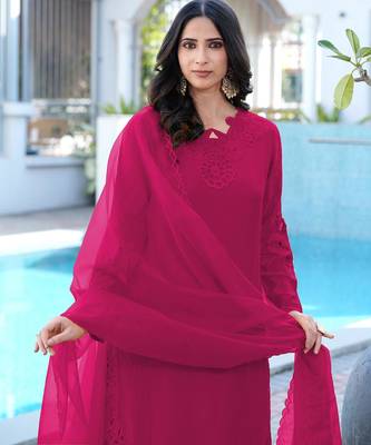 Magenta embroidered art silk stitched straight cut kurta pants dupatta readymade suits 3