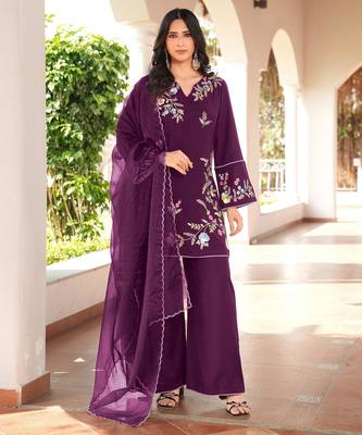 Magenta embroidered art silk stitched straight cut kurta culottes dupatta readymade suits 1