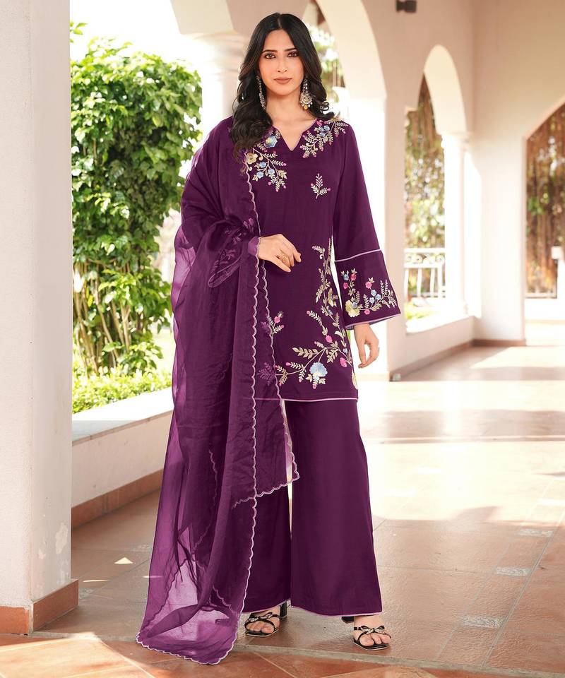 Magenta embroidered art silk stitched straight cut kurta culottes dupatta readymade suits
