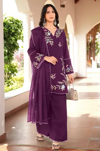 Magenta embroidered art silk stitched straight cut kurta culottes dupatta readymade suits