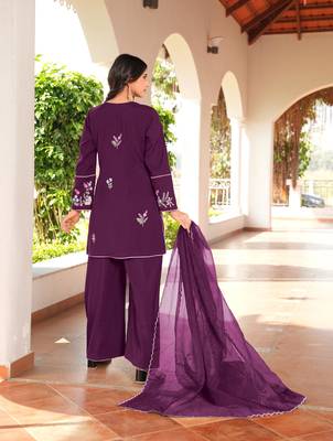 Magenta embroidered art silk stitched straight cut kurta culottes dupatta readymade suits 3