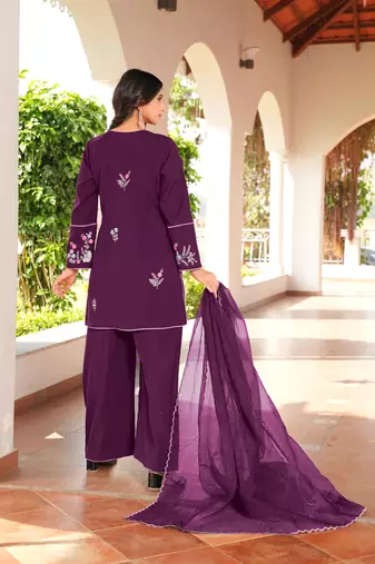 Magenta embroidered art silk stitched straight cut kurta culottes dupatta readymade suits