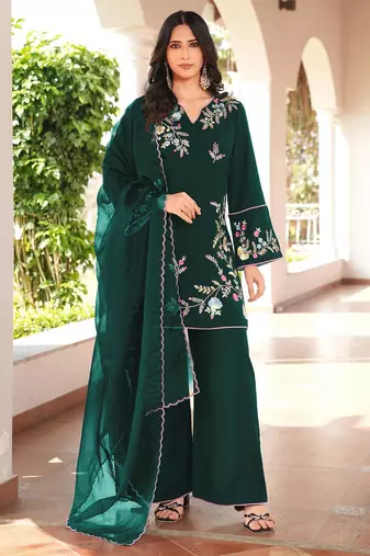 Dark-green embroidered art silk stitched straight cut kurta culottes dupatta readymade suits
