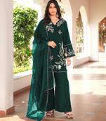 Dark-green embroidered art silk stitched straight cut kurta culottes dupatta readymade suits