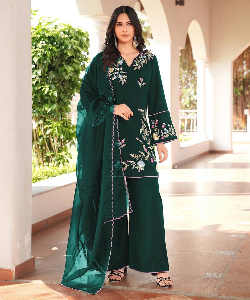 Dark-green embroidered art silk stitched straight cut kurta culottes dupatta readymade suits