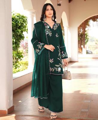 Dark-green embroidered art silk stitched straight cut kurta culottes dupatta readymade suits 2