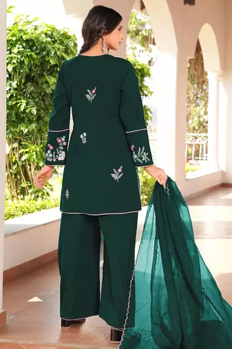 Dark-green embroidered art silk stitched straight cut kurta culottes dupatta readymade suits