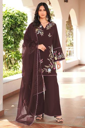 Brown embroidered art silk stitched straight cut kurta culottes dupatta readymade suits