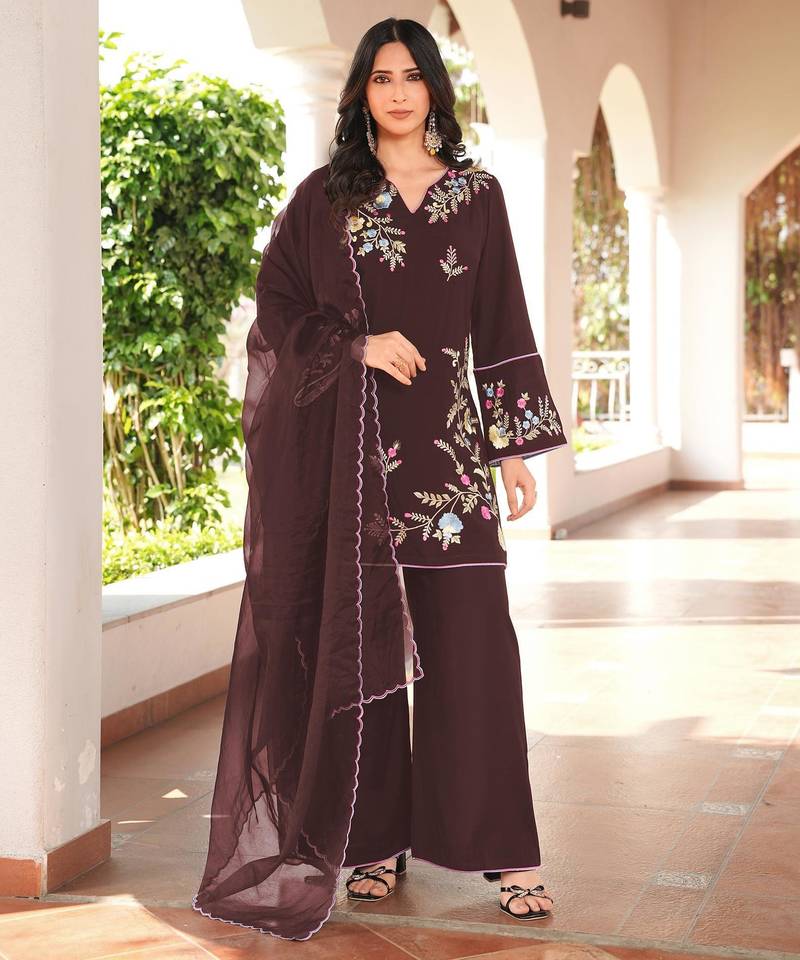 Brown embroidered art silk stitched straight cut kurta culottes dupatta readymade suits