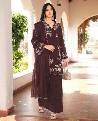 Brown embroidered art silk stitched straight cut kurta culottes dupatta readymade suits 2