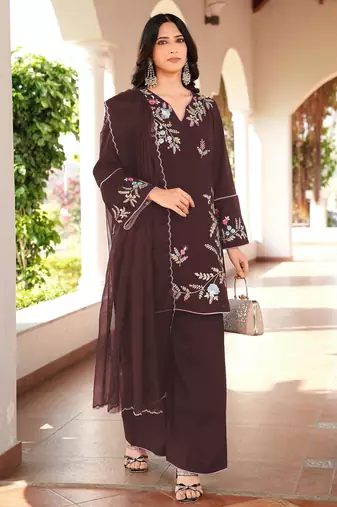 Brown embroidered art silk stitched straight cut kurta culottes dupatta readymade suits