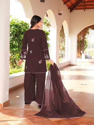 Brown embroidered art silk stitched straight cut kurta culottes dupatta readymade suits 3