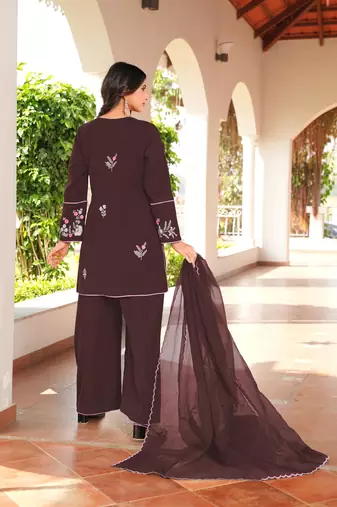 Brown embroidered art silk stitched straight cut kurta culottes dupatta readymade suits