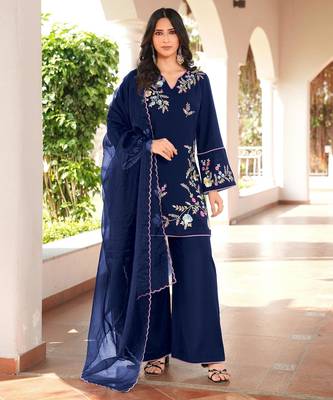 Navy-blue embroidered art silk stitched straight cut kurta culottes dupatta readymade suits 1