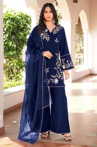 Navy-blue embroidered art silk stitched straight cut kurta culottes dupatta readymade suits