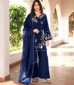 Navy-blue embroidered art silk stitched straight cut kurta culottes dupatta readymade suits