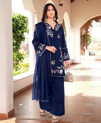 Navy-blue embroidered art silk stitched straight cut kurta culottes dupatta readymade suits 2