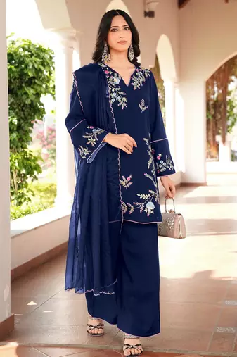 Navy-blue embroidered art silk stitched straight cut kurta culottes dupatta readymade suits