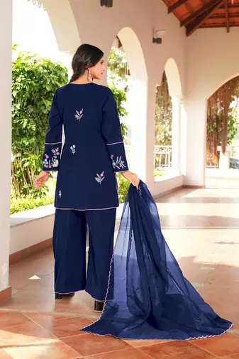 Navy-blue embroidered art silk stitched straight cut kurta culottes dupatta readymade suits