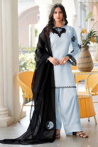 Light-blue embroidered organza stitched straight cut kurta farshi salwar dupatta readymade suits