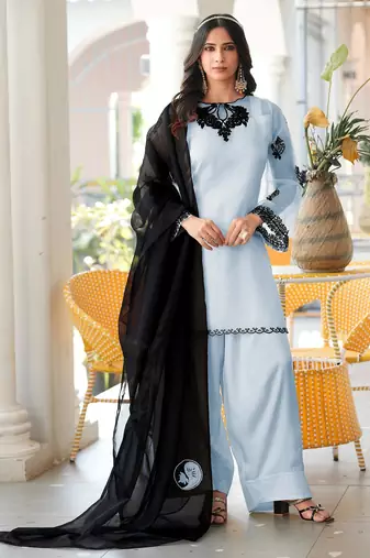 Light-blue embroidered organza stitched straight cut kurta farshi salwar dupatta readymade suits