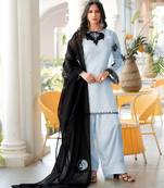 Light-blue embroidered organza stitched straight cut kurta farshi salwar dupatta readymade suits