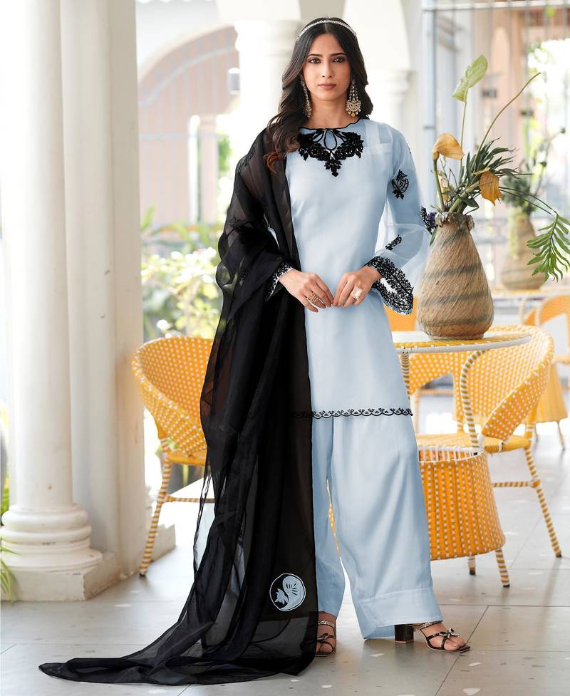 Light-blue embroidered organza stitched straight cut kurta farshi salwar dupatta readymade suits