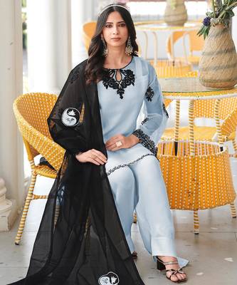 Light-blue embroidered organza stitched straight cut kurta farshi salwar dupatta readymade suits 2