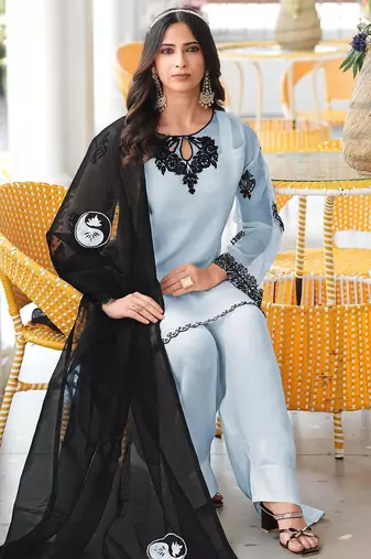 Light-blue embroidered organza stitched straight cut kurta farshi salwar dupatta readymade suits