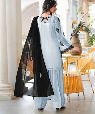 Light-blue embroidered organza stitched straight cut kurta farshi salwar dupatta readymade suits 3