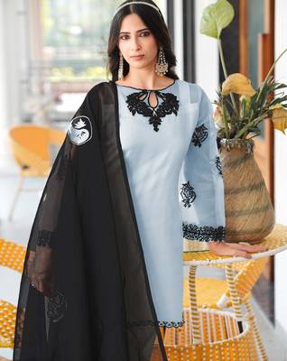 Light-blue embroidered organza stitched straight cut kurta farshi salwar dupatta readymade suits 4