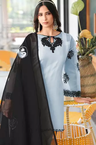 Light-blue embroidered organza stitched straight cut kurta farshi salwar dupatta readymade suits