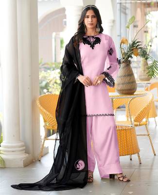 Light-pink embroidered organza stitched straight cut kurta farshi salwar dupatta readymade suits 1