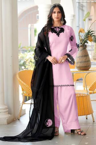 Light-pink embroidered organza stitched straight cut kurta farshi salwar dupatta readymade suits