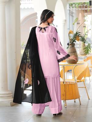 Light-pink embroidered organza stitched straight cut kurta farshi salwar dupatta readymade suits 3
