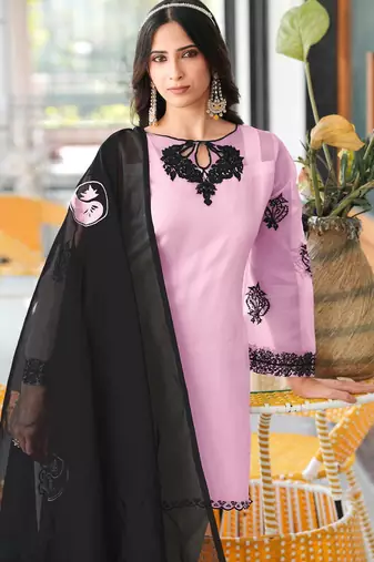 Light-pink embroidered organza stitched straight cut kurta farshi salwar dupatta readymade suits