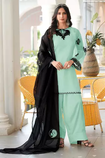 Light-green embroidered organza stitched straight cut kurta farshi salwar dupatta readymade suits