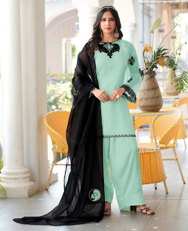 Light-green embroidered organza stitched straight cut kurta farshi salwar dupatta readymade suits