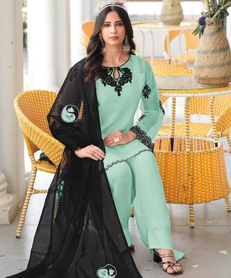 Light-green embroidered organza stitched straight cut kurta farshi salwar dupatta readymade suits 2