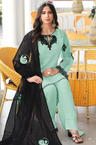 Light-green embroidered organza stitched straight cut kurta farshi salwar dupatta readymade suits